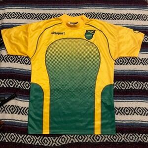 VTG 00s uhlsport jamaica polka dot yellow cut and‎ sew socer jersey tshirt XL